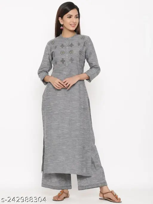 Dark Grey Embroidered Cotton Kurta Palazzo Set, women's ethnic wear from KIPEK