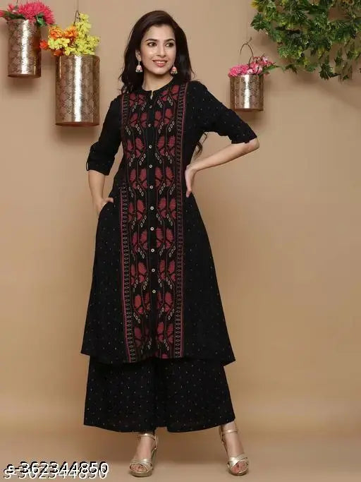 Black rayon printed A-line kurta with palazzo set, three-quarter sleeves, single size. Indian handloom fashion for women's traditional outfit