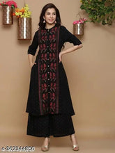 Black rayon printed A-line kurta with palazzo set, three-quarter sleeves, single size. Indian handloom fashion for women's traditional outfit