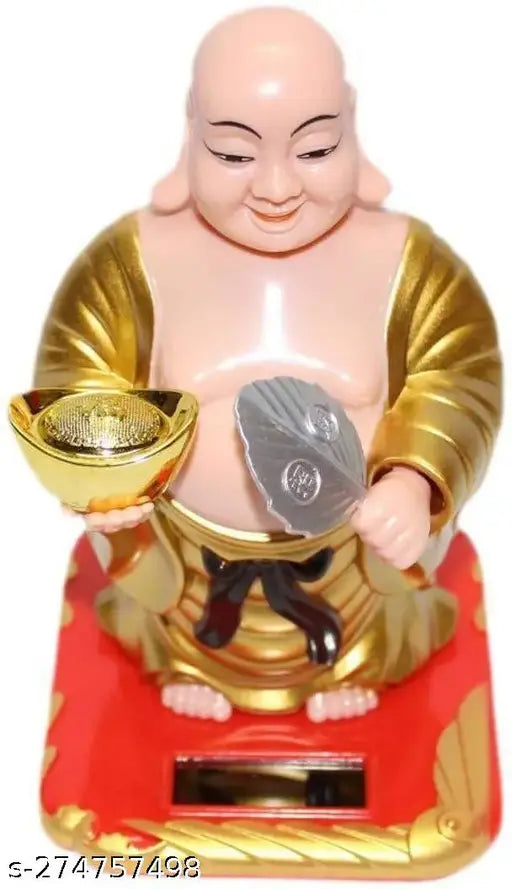 Golden plastic Laughing Buddha with waving fan, moving head for wealth and prosperity