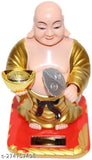 Golden plastic Laughing Buddha with waving fan, moving head for wealth and prosperity