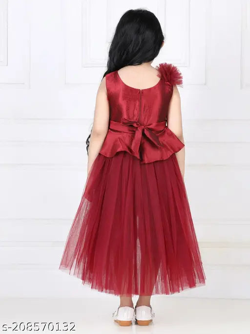 Maroon net embellished hi-low party dress for girls (1-2 years), Indian origin