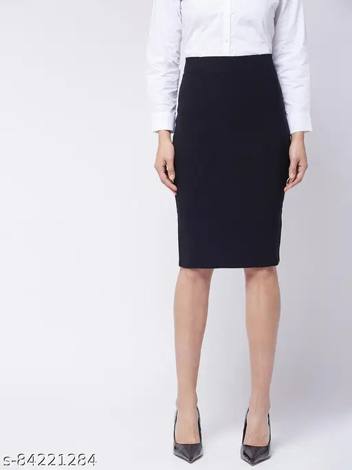 Women's black cotton blend solid pencil skirt, one size 30/32, India-made fashion essential on hanger