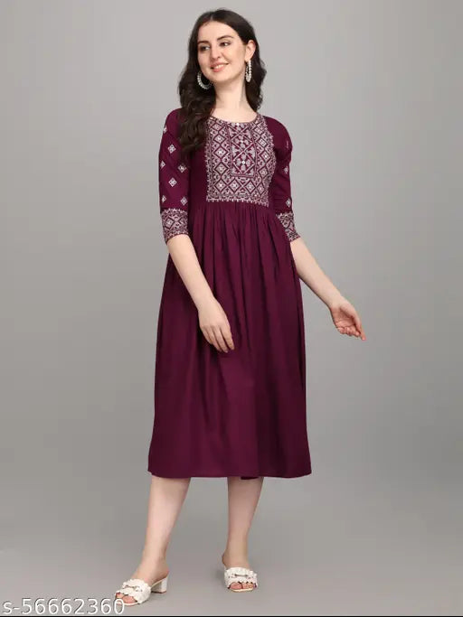 Embroidered rayon three-quarter sleeve Jolly Wine kurta, stylish and versatile Indian fashion