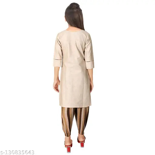 Embroidered Dupion Cotton Kurta Set with Joggers for Girls, Indian A-line design, size 4-5 years