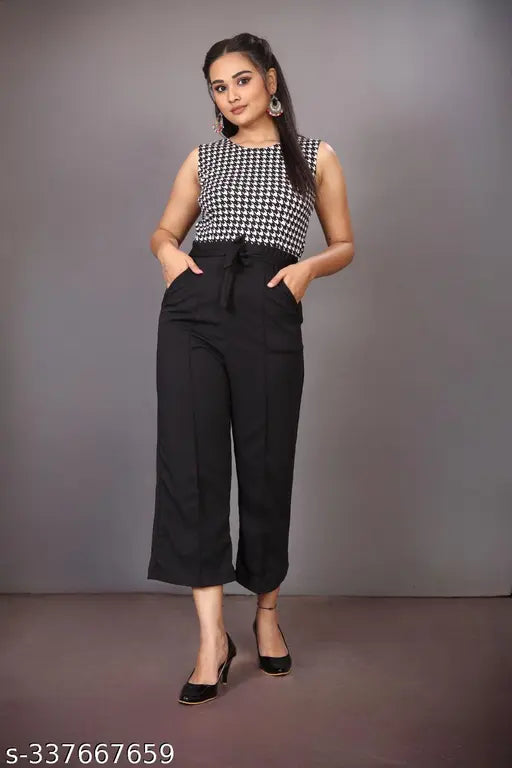 Bellisa Women's Regular Fit Black and White Print Lycra Jumpsuit, trendy maxi stylish jumpsuit for women