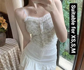 Vintage flower printed cotton linen cami top, sleeveless ruffled lace with pearl details, trendy Korean style corset design