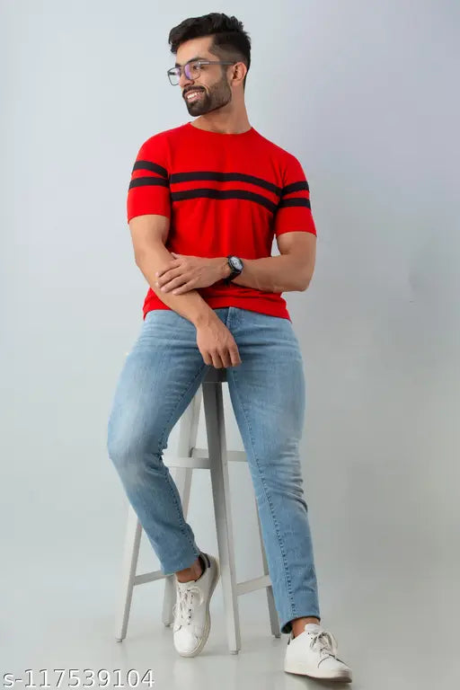 Red striped cotton short sleeve t-shirt for men, made in India