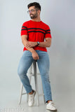 Red striped cotton short sleeve t-shirt for men, made in India