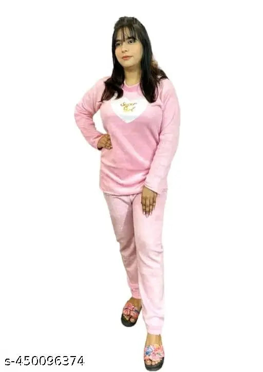 Baby pink women's woolen winter night suit with long sleeves, solid design, size L or XL, Indian origin