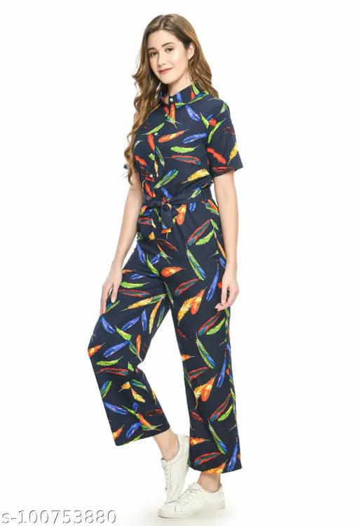 Multicolor crepe jumpsuit by AREEBA FASHION, printed net pattern, short sleeves (Size S: 34-28-55in, M: 36-30-56in). High-quality, affordable Indian fashion wear