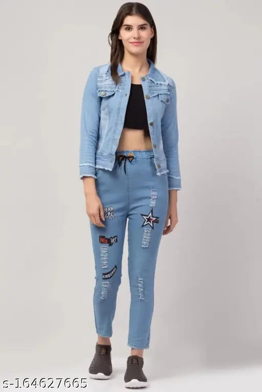 Star light blue denim women's jacket & jogger set, solid pattern on long-sleeved casual outfit