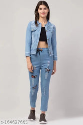 Star light blue denim women's jacket & jogger set, solid pattern on long-sleeved casual outfit