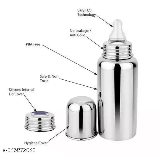 Stainless steel baby feeding bottle (pack of two), silver color, no leakage with internal design, ideal for milk, kid-friendly sipper bottle with silicone nipple and anti-choking food nibbler, made in India