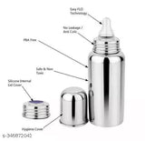 Stainless steel baby feeding bottle (pack of two), silver color, no leakage with internal design, ideal for milk, kid-friendly sipper bottle with silicone nipple and anti-choking food nibbler, made in India