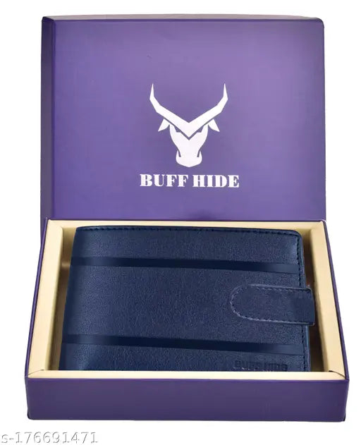 Blue RFID-protected genuine leather men's wallet with 5 compartments, solid design for urban fashion
