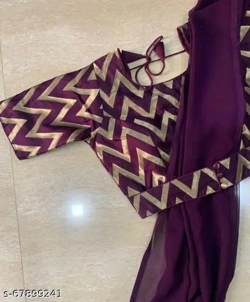 Krishna Purple Georgette saree with stitched blouse in jacquard pattern, free size, Indian origin