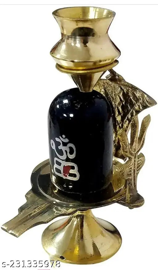 Brass Shivling with stone, 10cm tall and 6cm wide, for worshipping Lord Shiva, handcrafted in India