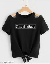 Black lycra shoulder cut crop top with angel baby print for women