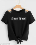 Black lycra shoulder cut crop top with angel baby print for women