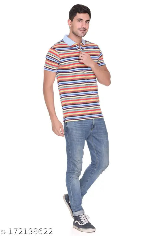 Multicolor striped cotton blend polo neck mens tshirt, Indian summer essential for trendy everyday wear