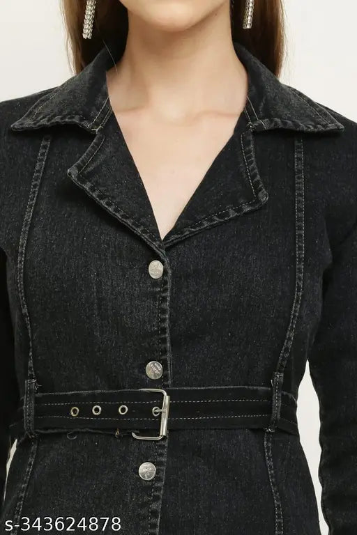 Denim long sleeve coat for girls, solid pattern, stylish and comfortable fit