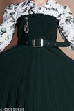 Green crepe girls' party frock with belt, long sleeves, printed net pattern. Stylish Indian partywear for girls aged 5-10 years