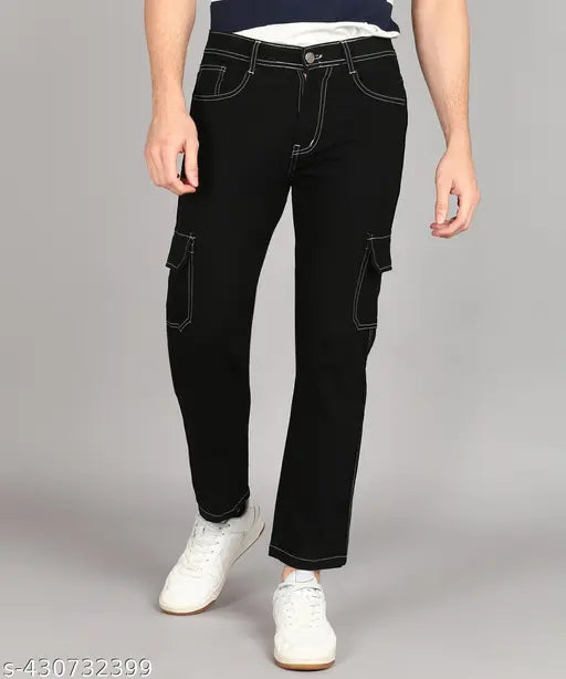 Men's black denim cargo pants. High-quality, durable, and versatile with 6 pockets, regular fit, and deep black hue