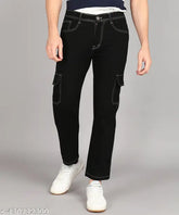 Men's black denim cargo pants. High-quality, durable, and versatile with 6 pockets, regular fit, and deep black hue