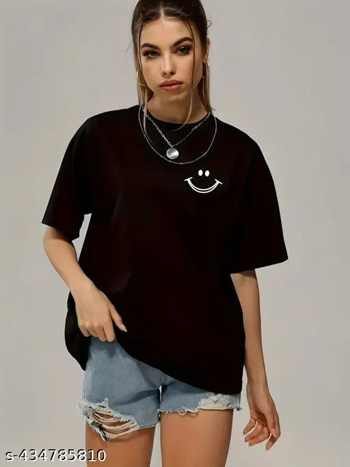 Black oversized cotton printed t-shirt for women and girls, featuring long sleeves and vibrant design, made in India