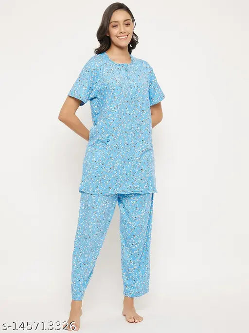 Viscose printed short sleeve top and pyjama pants in round collarless style, ideal for relaxed homewear. Comfortable and soft, perfect for casual wear or sleepwear. High-quality Indian made nightsuit set