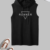 Trendy sleeveless polyester hood neck t-shirt for men's gym/sports wear, printed design, size M (Chest 40in, Length 27in)