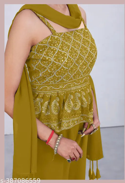 Peplum shaped sequinned Georgette embroidered top with Palazzo and tasseled dupatta - Indian fashion set by SANCIA brand, sleeveless, single quantity
