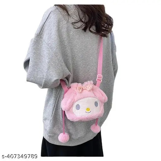 Cute Kawaii Korean Style Fur Crossbody Sling Bag with Sanrio face, soft and fluffy fabric, one compartment, adorable accessory for everyday use