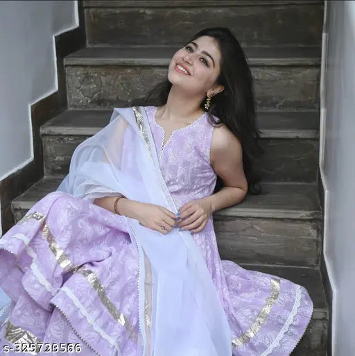 Rayon women's printed dupatta set with kurta and bottomwear, sleeveless, eye-catching, Indian ethnic wear for daily, wedding, festival, or party occasions. Available in XS to XL sizes from India