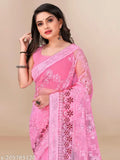 Pink net saree with embroidered solid blouse, VAAMIKA2.PINK Indian traditional wear