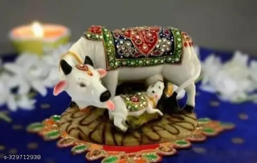Decorative marble Kamdhenu cow and calf statue, 12cm tall with handcrafted diamond detailing