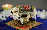 Decorative marble Kamdhenu cow and calf statue, 12cm tall with handcrafted diamond detailing