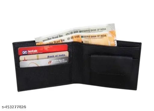 Men's black faux leather wallet, sleek solid design with two compartments, perfect for essentials storage
