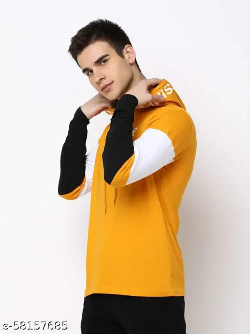 Yellow colorblocked hoodie T-shirt, men's printed cotton long sleeves, casual outfit update, India origin
