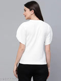 White polyester smart casual top, solid pattern, short sleeves, flattering high neckline