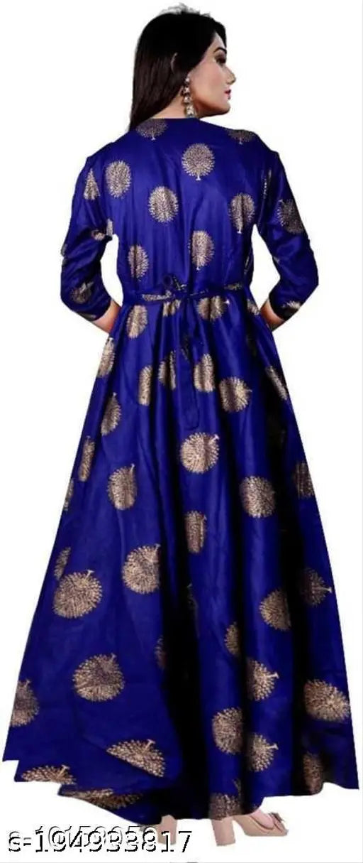 Trendy rayon gown, three-quarter sleeves, printed combo in vibrant Indian design