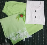 White cotton kurta & green palazzo set for women, featuring three-quarter sleeves and a dupatta. Pure cotton, comfortable fit. Indian origin