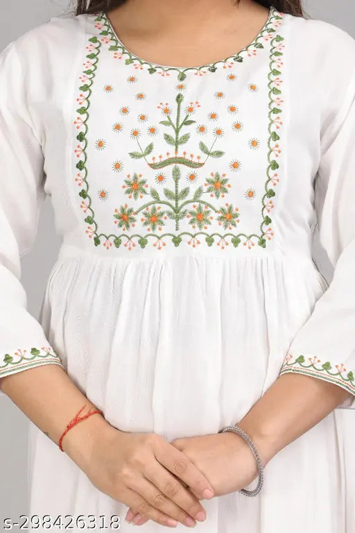 White rayon embroidery with three-quarter sleeves, intricate Indian pattern for women's clothing
