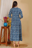 Blue Rayon Anarkali Kurta for Women: Trendy printed embroidery, three-quarter sleeves, suitable for parties, weddings, office wear