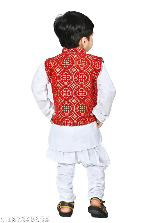 Cotton boys' checked kurta pajama set with jacket, long sleeves and churidar bottoms, Indian origin
