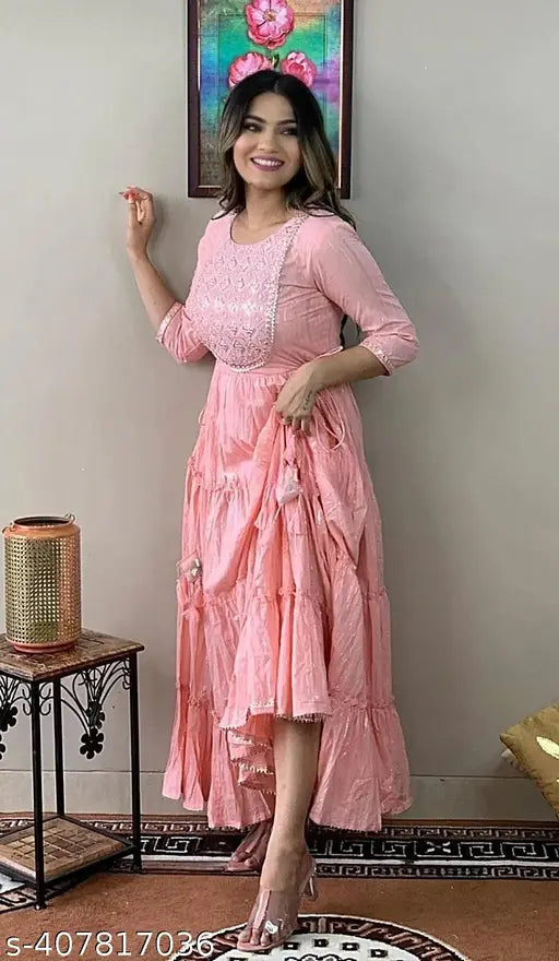 Pink lurex embroidered polycotton kurti for women, full length Anarkali style, perfect for special occasions in India