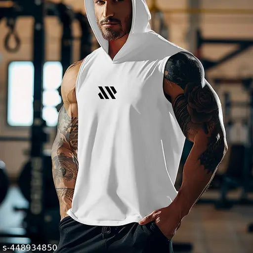 Mens quick-dry hooded sleeveless gym vest tank in assorted colors - polyester, stretch, athletic wear for men