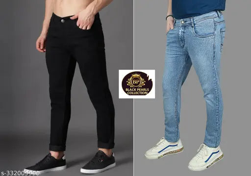 Denim men's fashion pack of 2, solid net design in sizes 28, 30, 32, 34, 36. Indian denim apparel for men on display rack