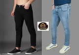 Denim men's fashion pack of 2, solid net design in sizes 28, 30, 32, 34, 36. Indian denim apparel for men on display rack